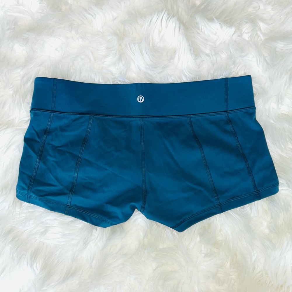 LULULEMON Teal Blue Athletic Running Booty Shorts w Adjustable Tie Up Sides
